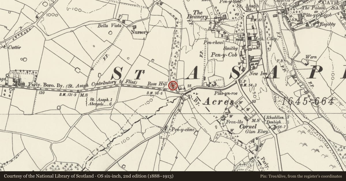 Ordnance Survey six-inch map, 2nd edition (1888–1913) covering the location of Rose Hill House, St. Asaph, Denbighshire, with a pin at the register's coordinates
