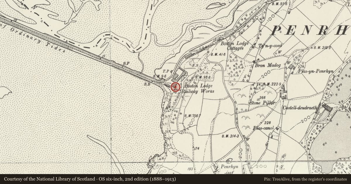 Ordnance Survey six-inch map, 2nd edition (1888–1913) covering the location of Former Erecting Shop at Boston Lodge, Penrhyndeudraeth, Gwynedd, with a pin at the register's coordinates
