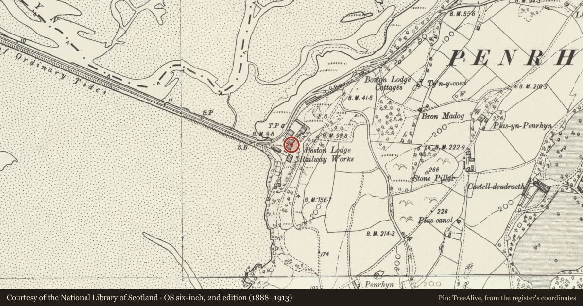 Ordnance Survey six-inch map, 2nd edition (1888–1913) covering the location of Former Machine Shop at Boston Lodge, Penrhyndeudraeth, Gwynedd, with a pin at the register's coordinates