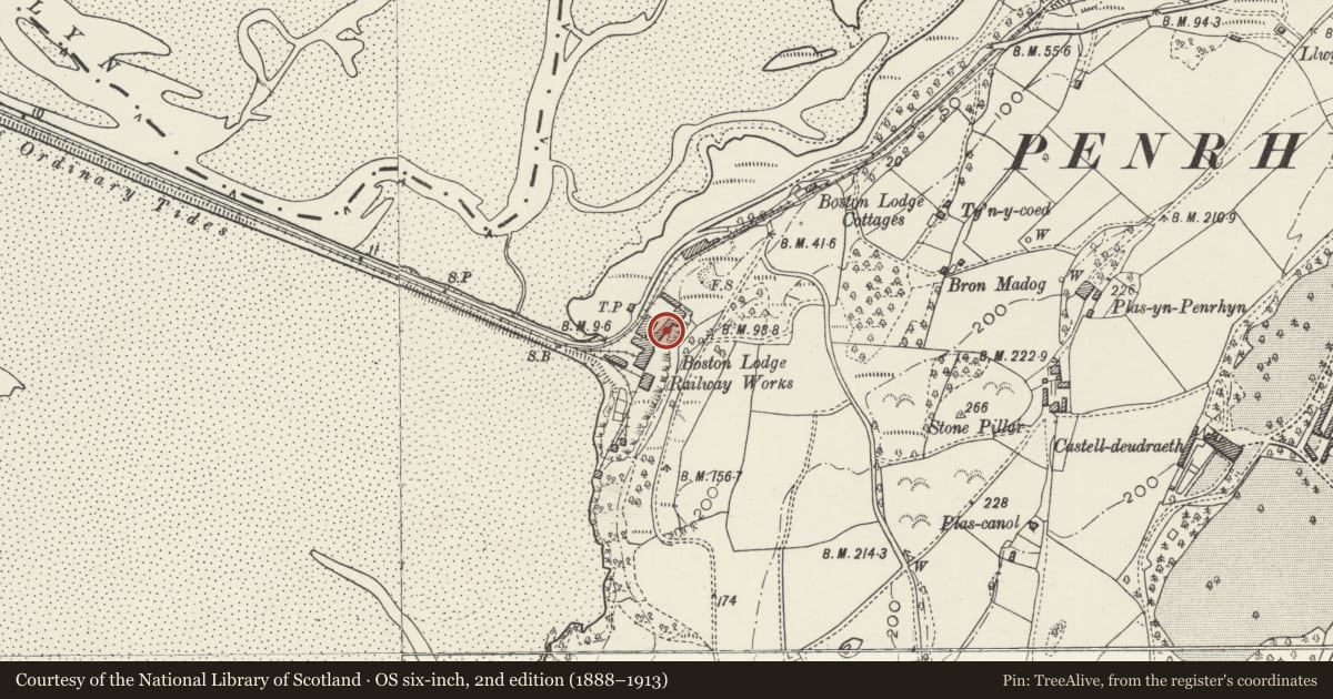 Ordnance Survey six-inch map, 2nd edition (1888–1913) covering the location of Former Iron Foundry and Smithy at Boston Lodge, Penrhyndeudraeth, Gwynedd, with a pin at the register's coordinates