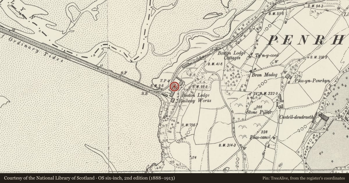 Ordnance Survey six-inch map, 2nd edition (1888–1913) covering the location of Former Brass Foundry at Boston Lodge Railway Works, Penrhyndeudraeth, Gwynedd, with a pin at the register's coordinates