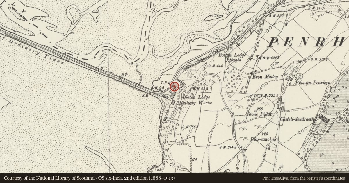 Ordnance Survey six-inch map, 2nd edition (1888–1913) covering the location of Former Oil Store at Boston Lodge Railway Works, Penrhyndeudraeth, Gwynedd, with a pin at the register's coordinates