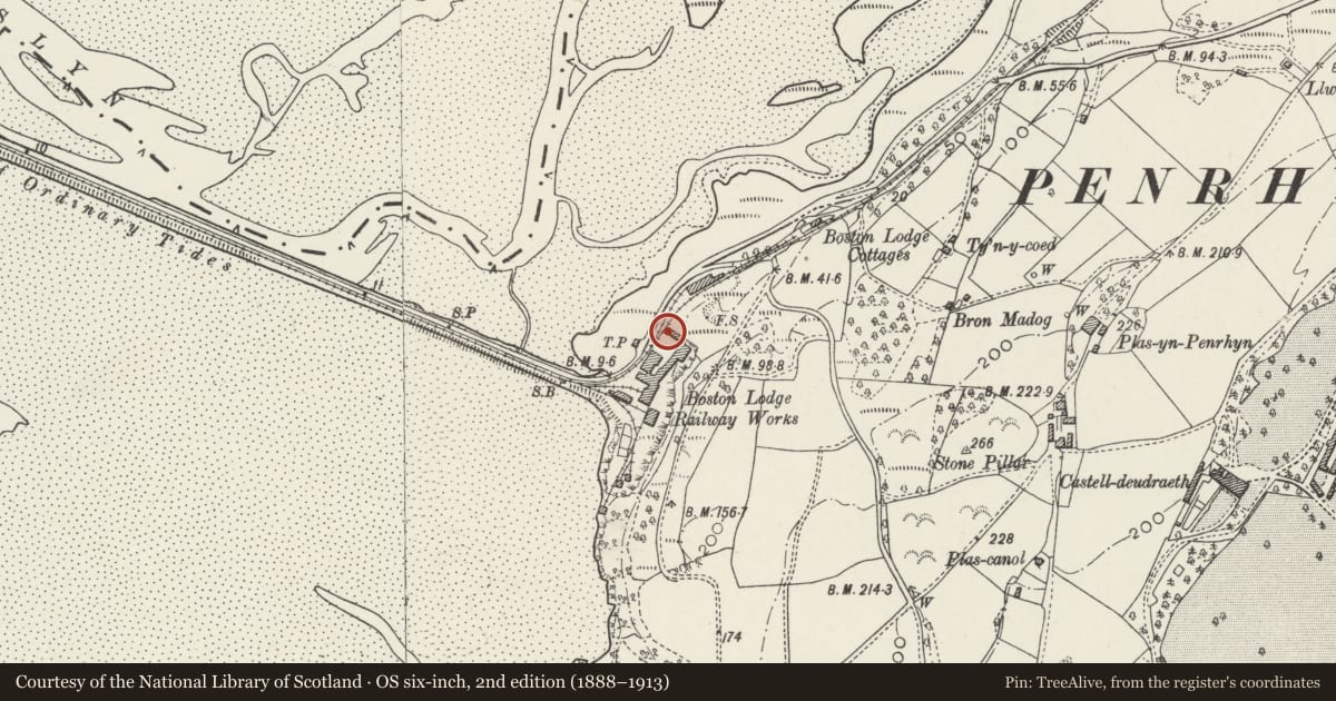 Ordnance Survey six-inch map, 2nd edition (1888–1913) covering the location of Former Manager's Office at Boston Lodge Railway Works, Penrhyndeudraeth, Gwynedd, with a pin at the register's coordinates
