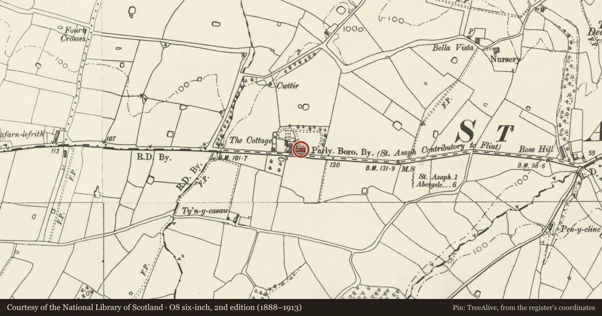 Ordnance Survey six-inch map, 2nd edition (1888–1913) covering the location of Southcroft including North Cottage, St. Asaph, Denbighshire, with a pin at the register's coordinates