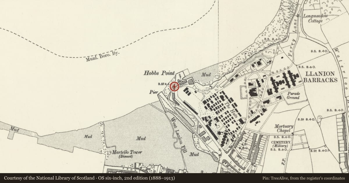 Ordnance Survey six-inch map, 2nd edition (1888–1913) covering the location of Old Pier House, Pembroke Dock, Pembrokeshire, with a pin at the register's coordinates
