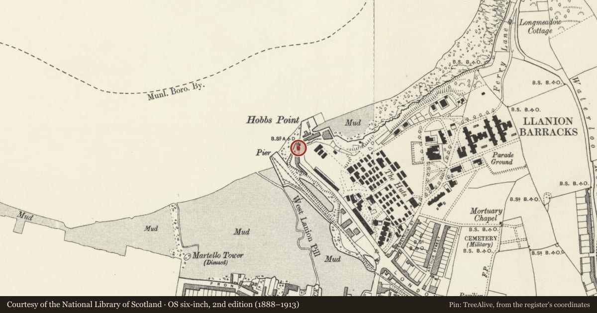 Ordnance Survey six-inch map, 2nd edition (1888–1913) covering the location of Premises attached to South, Pembroke Dock, Pembrokeshire, with a pin at the register's coordinates
