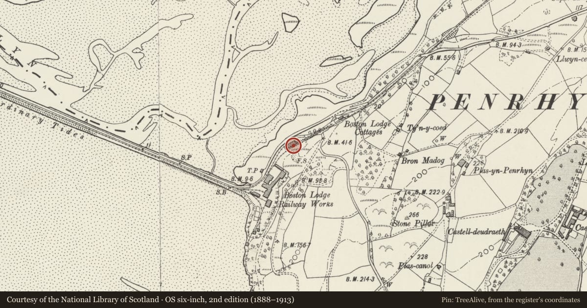 Ordnance Survey six-inch map, 2nd edition (1888–1913) covering the location of Locomotive Shed at Boston Lodge Railway Works, Penrhyndeudraeth, Gwynedd, with a pin at the register's coordinates