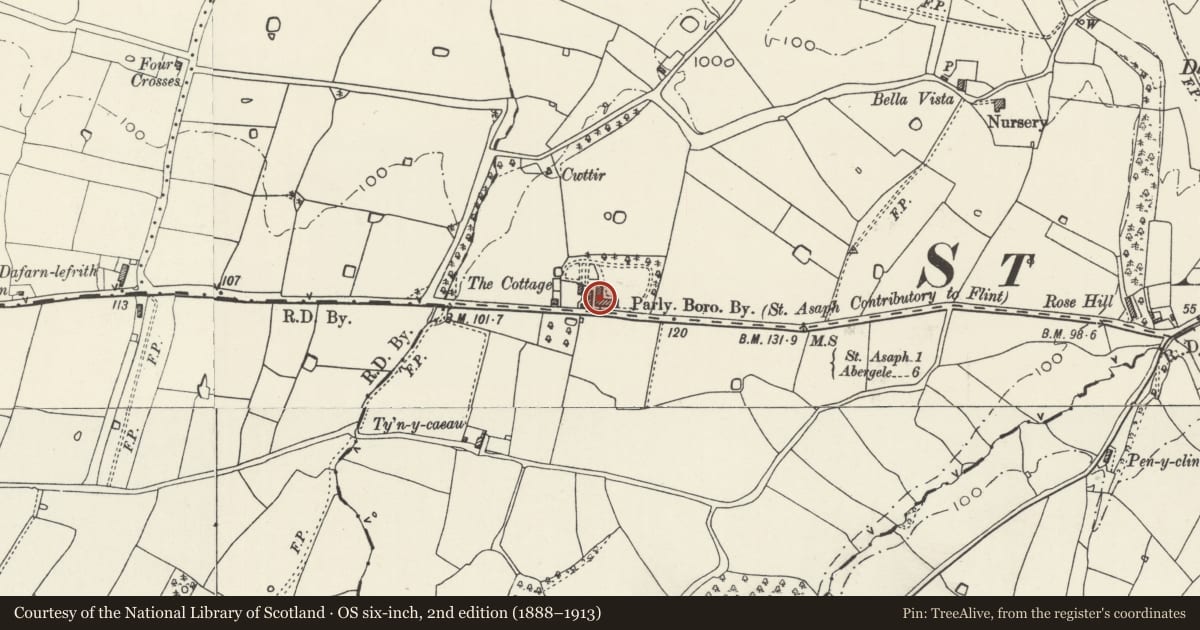 Ordnance Survey six-inch map, 2nd edition (1888–1913) covering the location of Staverton, St. Asaph, Denbighshire, with a pin at the register's coordinates