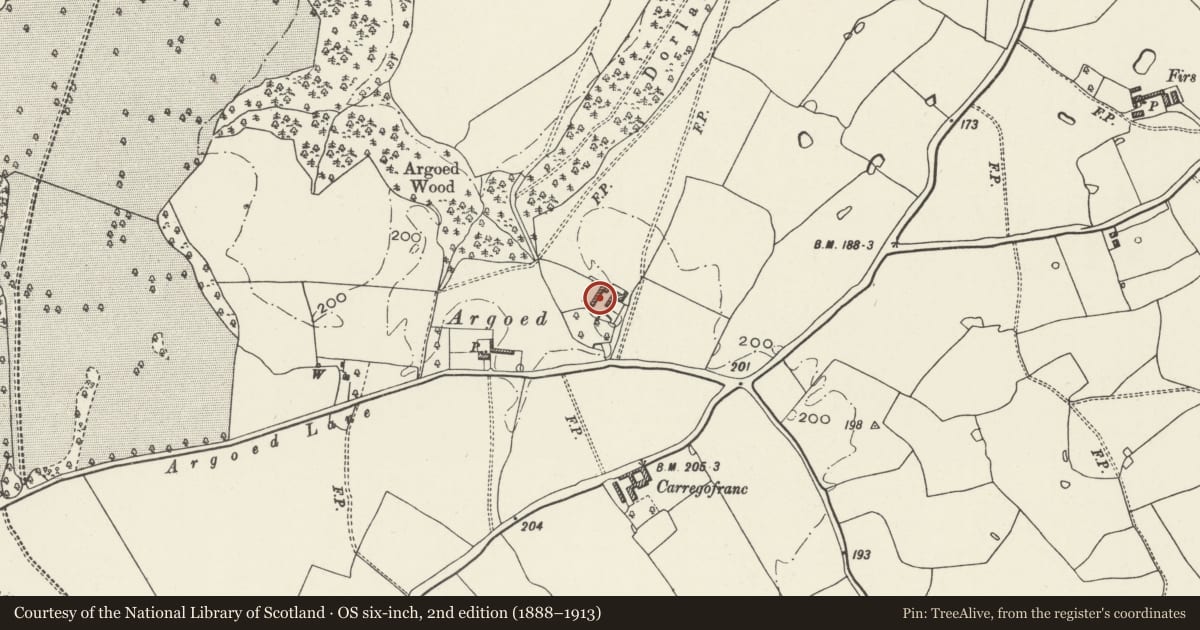 Ordnance Survey six-inch map, 2nd edition (1888–1913) covering the location of Argoed Farmhouse, Overton, Wrexham, with a pin at the register's coordinates