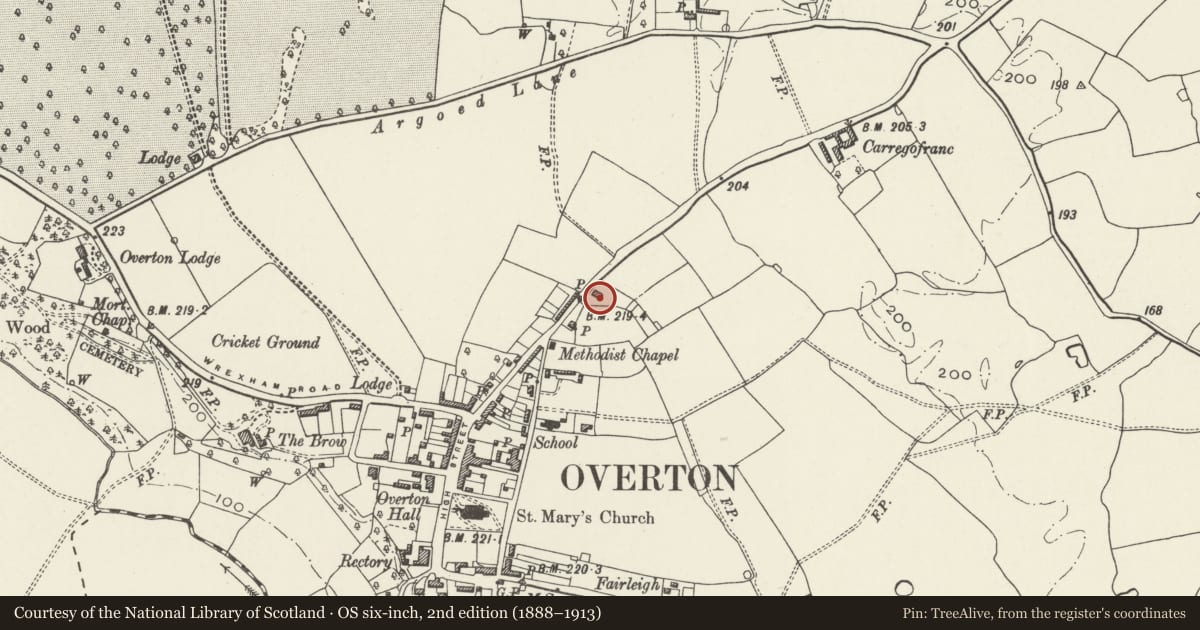 Ordnance Survey six-inch map, 2nd edition (1888–1913) covering the location of Ty Gwernen, Overton, Wrexham, with a pin at the register's coordinates