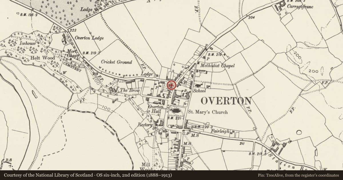 Ordnance Survey six-inch map, 2nd edition (1888–1913) covering the location of 1 High Street, Overton, Wrexham, with a pin at the register's coordinates