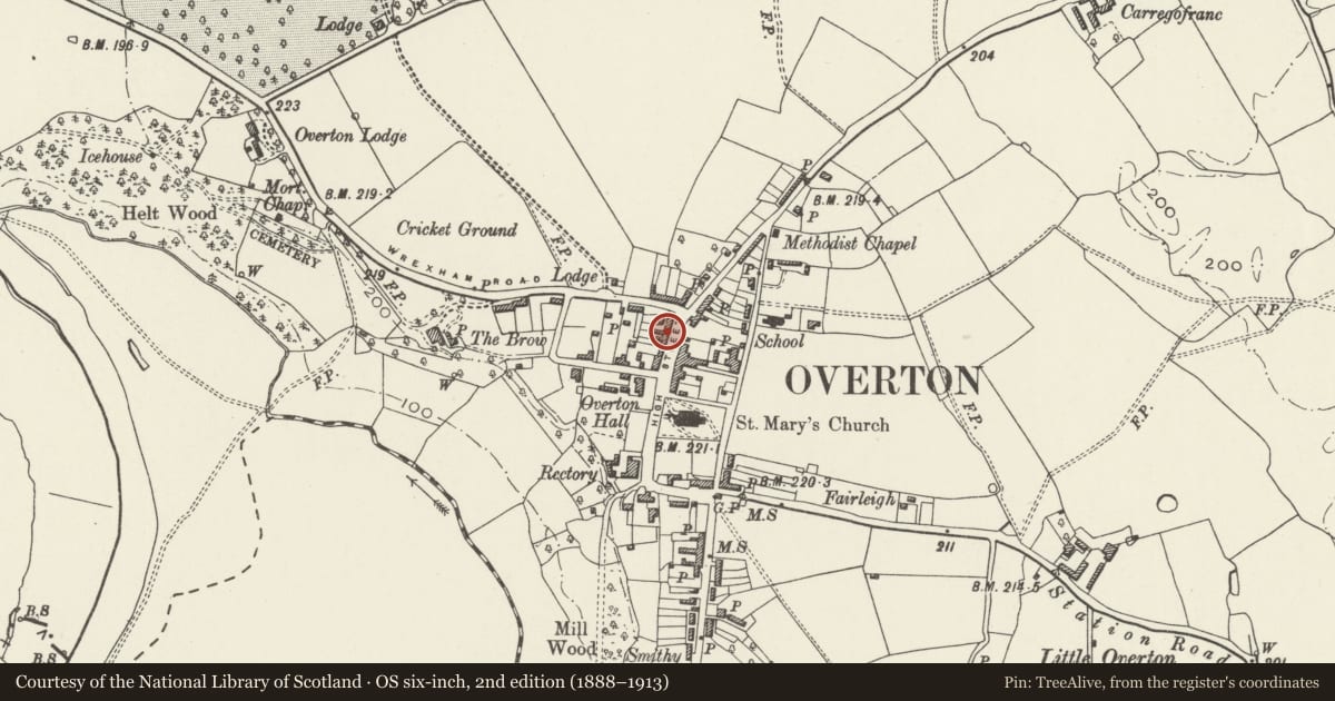 Ordnance Survey six-inch map, 2nd edition (1888–1913) covering the location of 3 High Street, Overton, Wrexham, with a pin at the register's coordinates