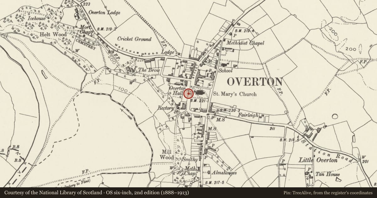 Ordnance Survey six-inch map, 2nd edition (1888–1913) covering the location of War Memorial, Overton, Wrexham, with a pin at the register's coordinates