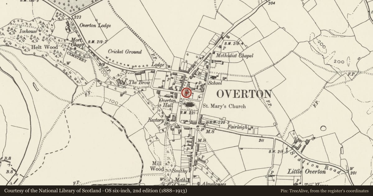 Ordnance Survey six-inch map, 2nd edition (1888–1913) covering the location of 18 High Street, Overton, Wrexham, with a pin at the register's coordinates