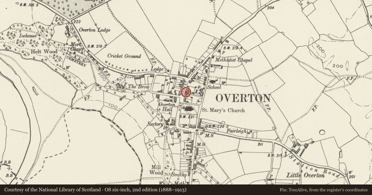 Ordnance Survey six-inch map, 2nd edition (1888–1913) covering the location of White Horse Public House, Overton, Wrexham, with a pin at the register's coordinates