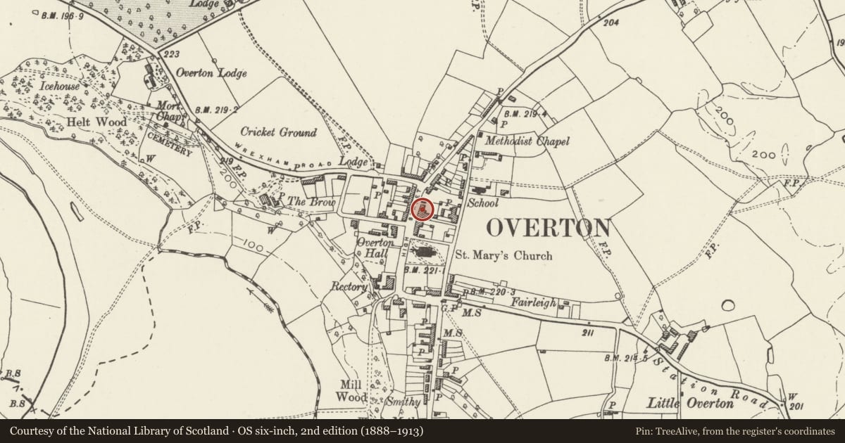 Ordnance Survey six-inch map, 2nd edition (1888–1913) covering the location of Metcalfe Building, Overton, Wrexham, with a pin at the register's coordinates