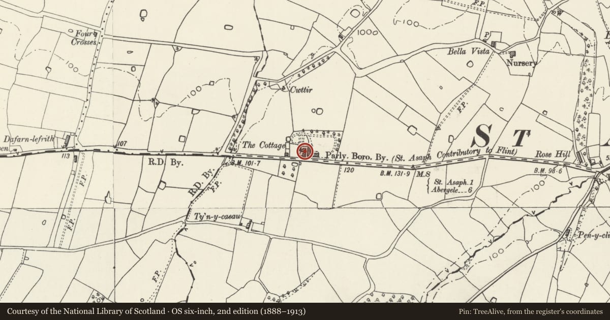Ordnance Survey six-inch map, 2nd edition (1888–1913) covering the location of Former Coach House, Stables & Outbuildings to Staverton & Southcroft, St. Asaph, Denbighshire, with a pin at the register's coordinates