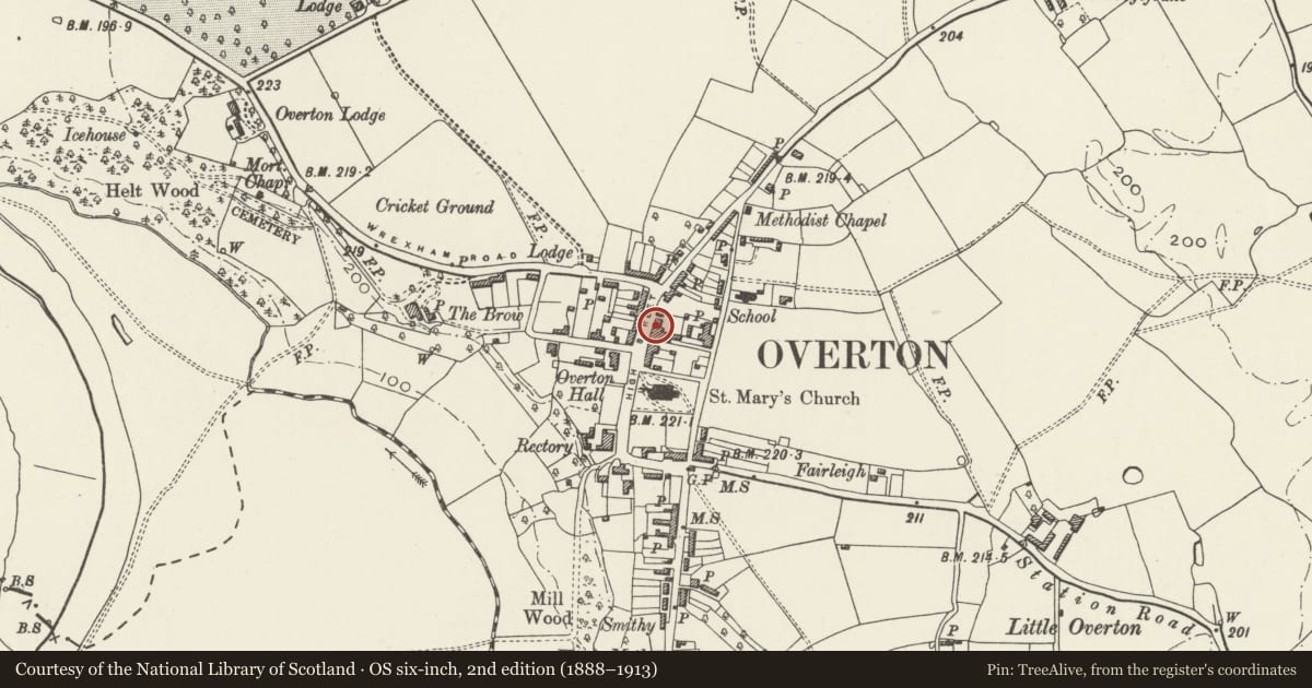 Ordnance Survey six-inch map, 2nd edition (1888–1913) covering the location of Metcalfe Building, Overton, Wrexham, with a pin at the register's coordinates