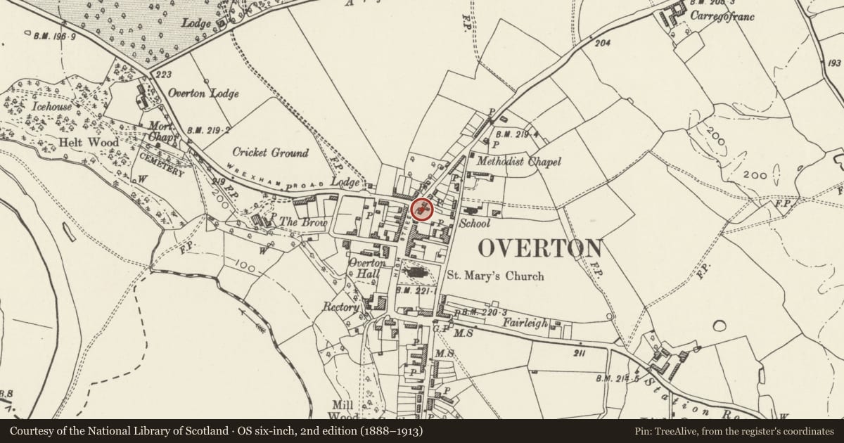 Ordnance Survey six-inch map, 2nd edition (1888–1913) covering the location of The Quinta, Overton, Wrexham, with a pin at the register's coordinates