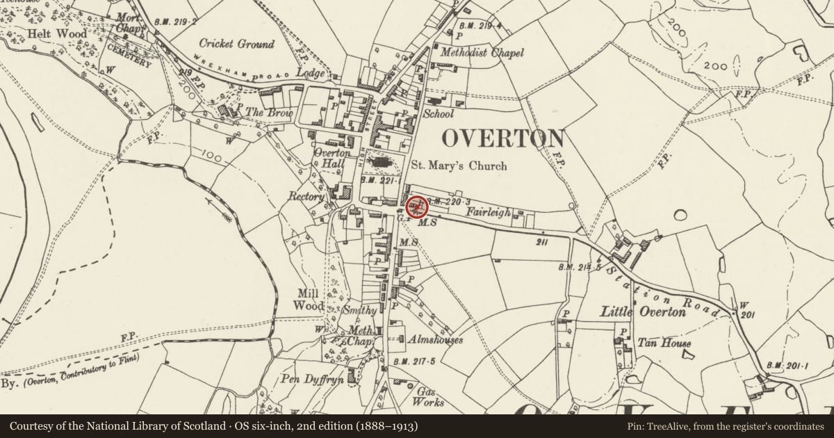 Ordnance Survey six-inch map, 2nd edition (1888–1913) covering the location of Jubilee Pump, Overton, Wrexham, with a pin at the register's coordinates