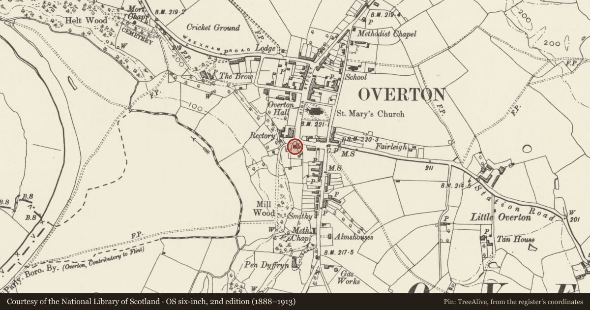 Ordnance Survey six-inch map, 2nd edition (1888–1913) covering the location of Pen-y-Llan House, Overton, Wrexham, with a pin at the register's coordinates