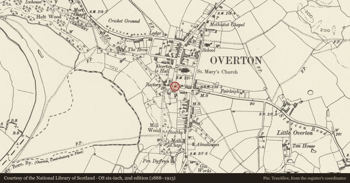 Ordnance Survey six-inch map, 2nd edition (1888–1913) covering the location of Wall with two former Outbuildings, Overton, Wrexham, with a pin at the register's coordinates