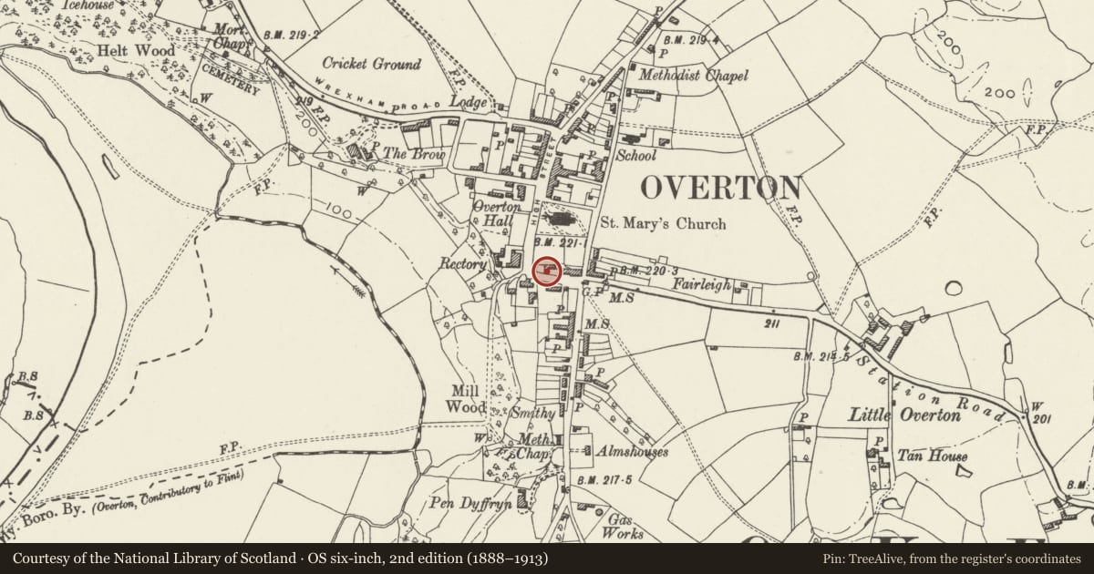 Ordnance Survey six-inch map, 2nd edition (1888–1913) covering the location of 1st Outbuilding to Gwydyr House, Overton, Wrexham, with a pin at the register's coordinates