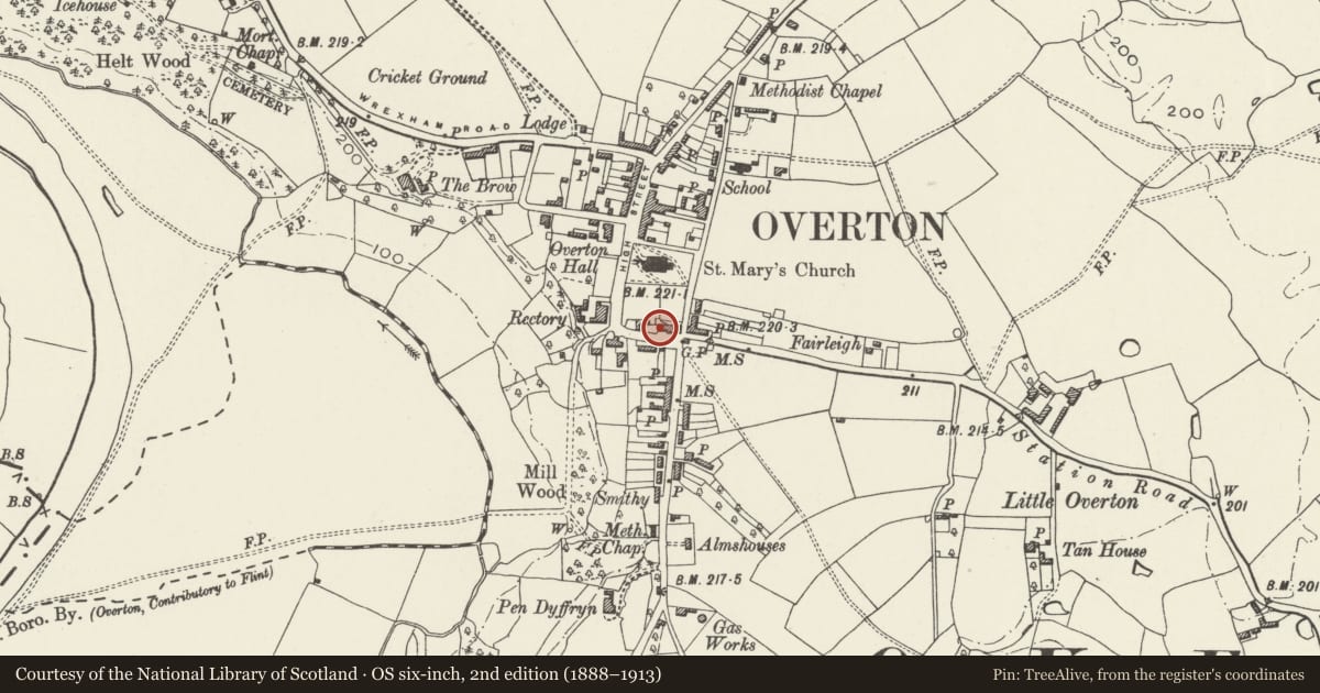 Ordnance Survey six-inch map, 2nd edition (1888–1913) covering the location of 2nd outbuilding to Gwydyr House, Overton, Wrexham, with a pin at the register's coordinates