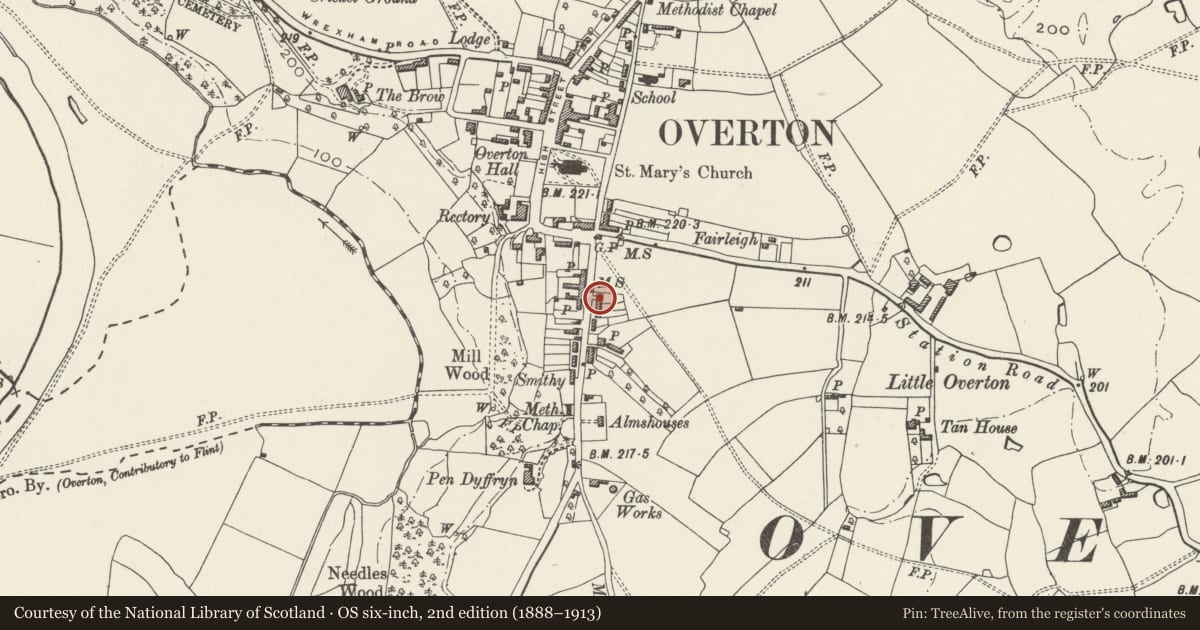 Ordnance Survey six-inch map, 2nd edition (1888–1913) covering the location of Ferndale, Overton, Wrexham, with a pin at the register's coordinates