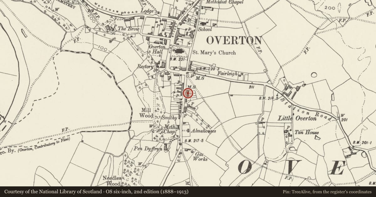 Ordnance Survey six-inch map, 2nd edition (1888–1913) covering the location of Kew Cottage, Overton, Wrexham, with a pin at the register's coordinates