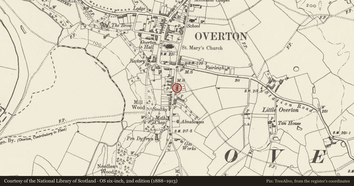 Ordnance Survey six-inch map, 2nd edition (1888–1913) covering the location of Cintra, Overton, Wrexham, with a pin at the register's coordinates