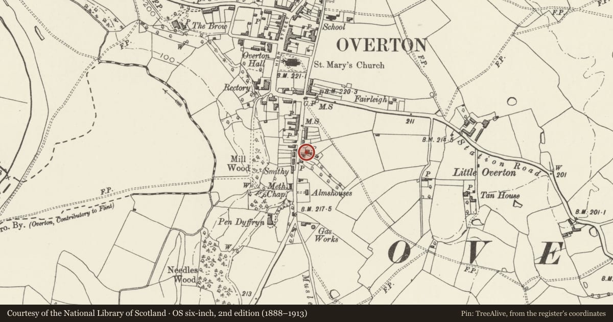 Ordnance Survey six-inch map, 2nd edition (1888–1913) covering the location of Fairfield, Overton, Wrexham, with a pin at the register's coordinates