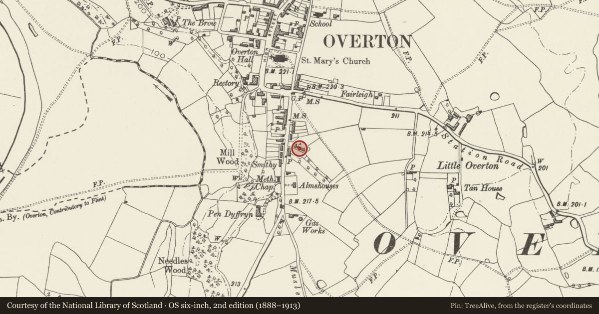 Ordnance Survey six-inch map, 2nd edition (1888–1913) covering the location of Outbuildings attached to rear of Fairfield, Overton, Wrexham, with a pin at the register's coordinates