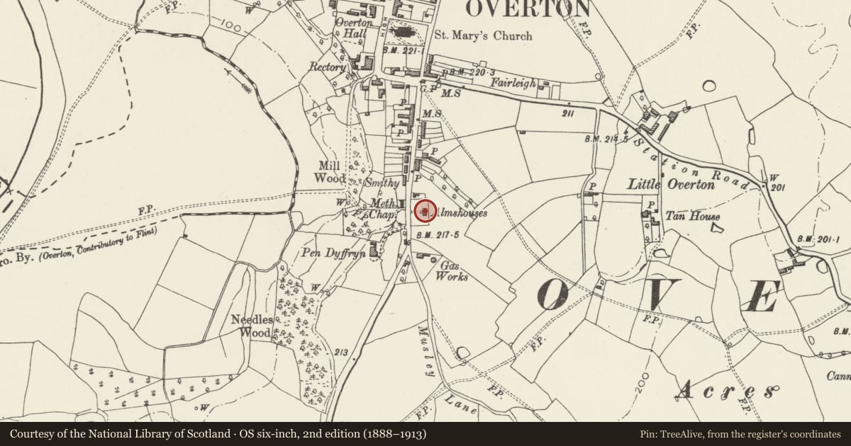 Ordnance Survey six-inch map, 2nd edition (1888–1913) covering the location of Candlewick Cottage, Overton, Wrexham, with a pin at the register's coordinates