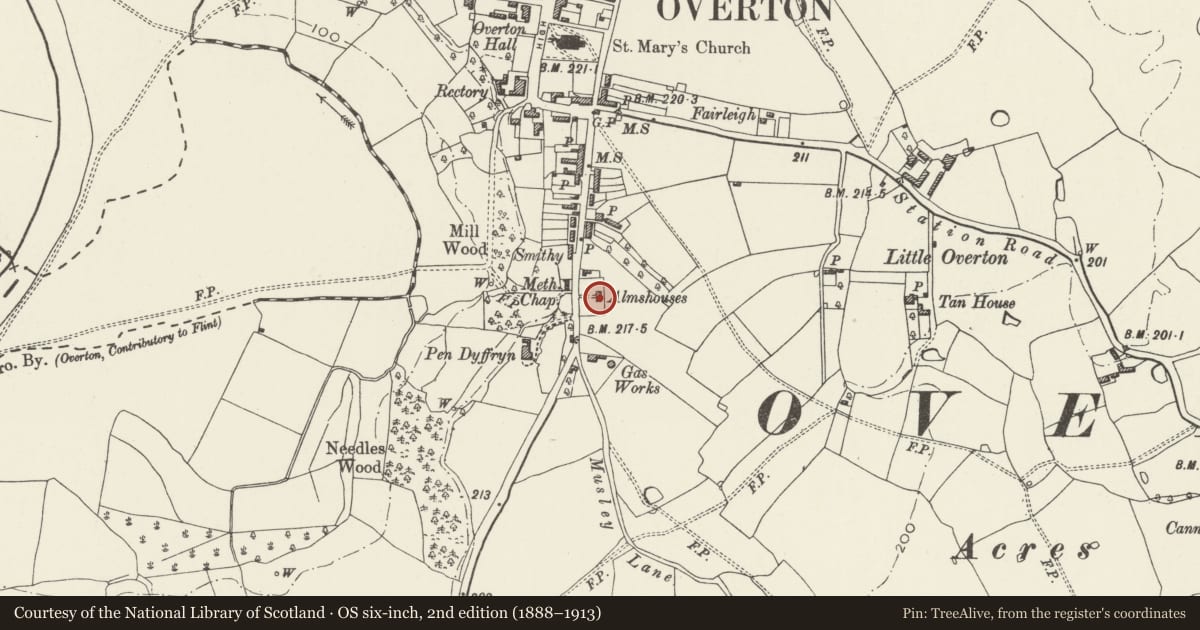 Ordnance Survey six-inch map, 2nd edition (1888–1913) covering the location of 26 Salop Road, Overton, Wrexham, with a pin at the register's coordinates