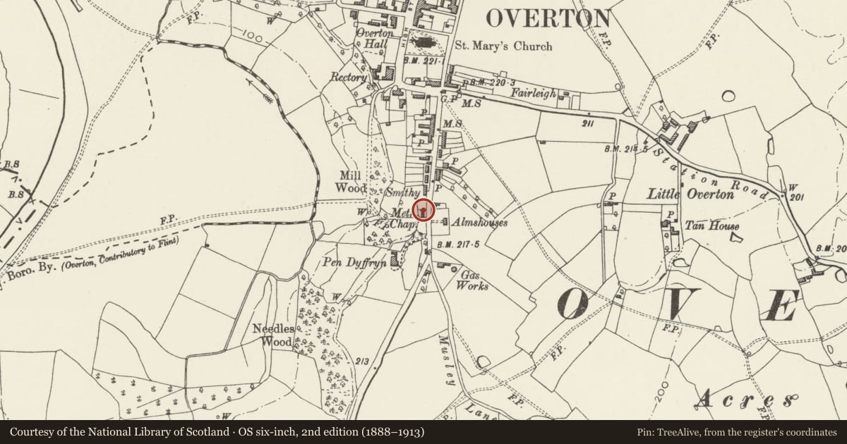 Ordnance Survey six-inch map, 2nd edition (1888–1913) covering the location of 16 Salop Road, Overton, Wrexham, with a pin at the register's coordinates