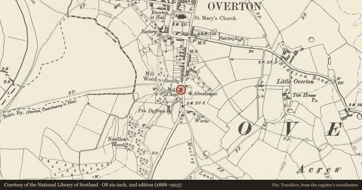 Ordnance Survey six-inch map, 2nd edition (1888–1913) covering the location of 18 Salop Road, Overton, Wrexham, with a pin at the register's coordinates