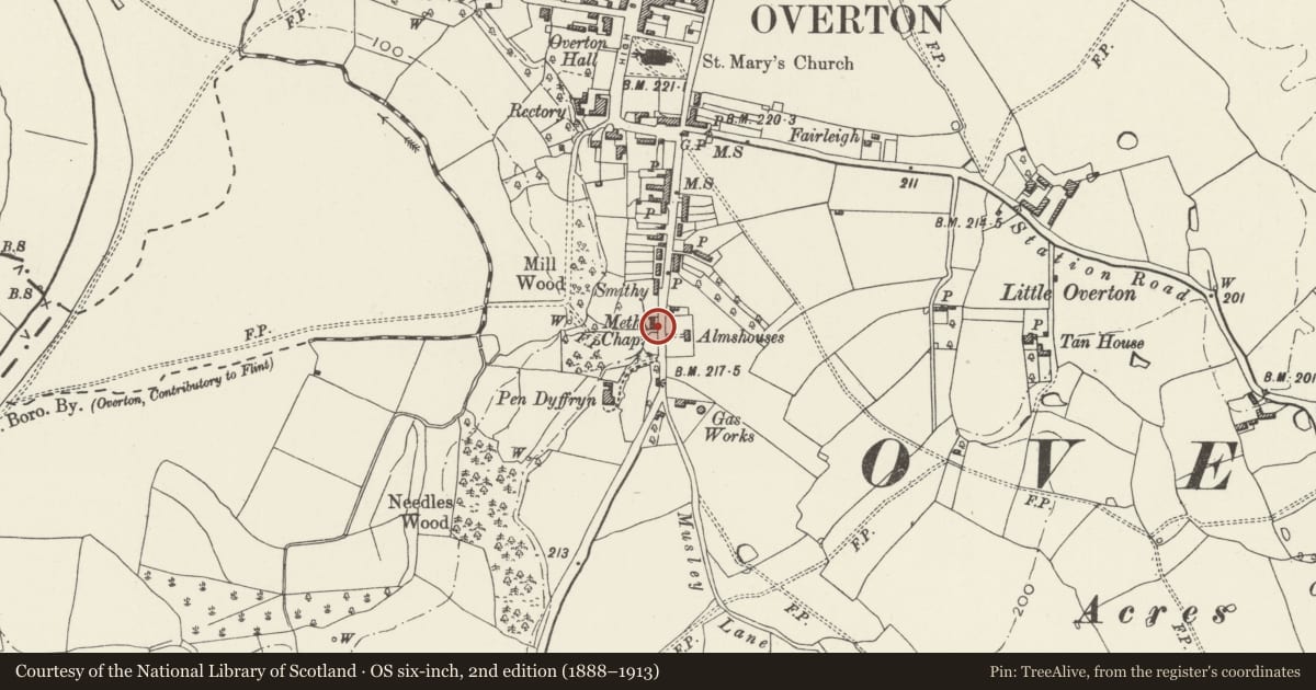 Ordnance Survey six-inch map, 2nd edition (1888–1913) covering the location of Railings and Gates (to 16, 17 & 18), Overton, Wrexham, with a pin at the register's coordinates