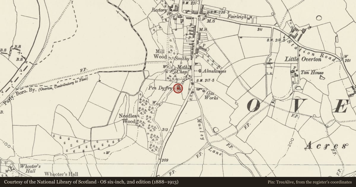 Ordnance Survey six-inch map, 2nd edition (1888–1913) covering the location of Pen Dyffryn, Overton, Wrexham, with a pin at the register's coordinates