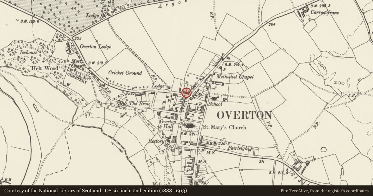 Ordnance Survey six-inch map, 2nd edition (1888–1913) covering the location of Dispensary Row, Overton, Wrexham, with a pin at the register's coordinates