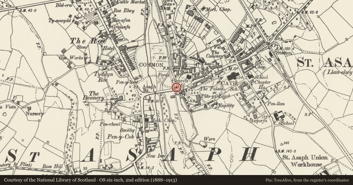 Ordnance Survey six-inch map, 2nd edition (1888–1913) covering the location of Mary Short Memorial Drinking Fountain, St. Asaph, Denbighshire, with a pin at the register's coordinates