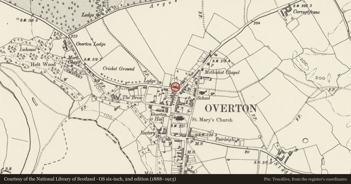 Ordnance Survey six-inch map, 2nd edition (1888–1913) covering the location of Dispensary Row, Overton, Wrexham, with a pin at the register's coordinates