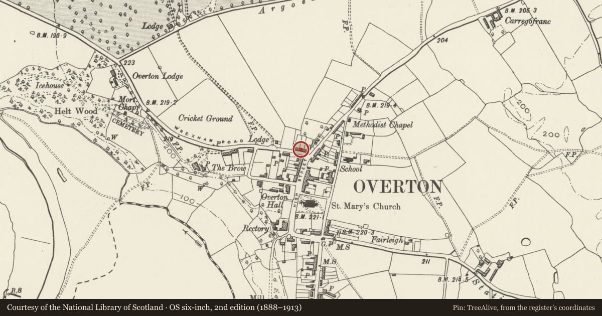 Ordnance Survey six-inch map, 2nd edition (1888–1913) covering the location of Dispensary Row, Overton, Wrexham, with a pin at the register's coordinates