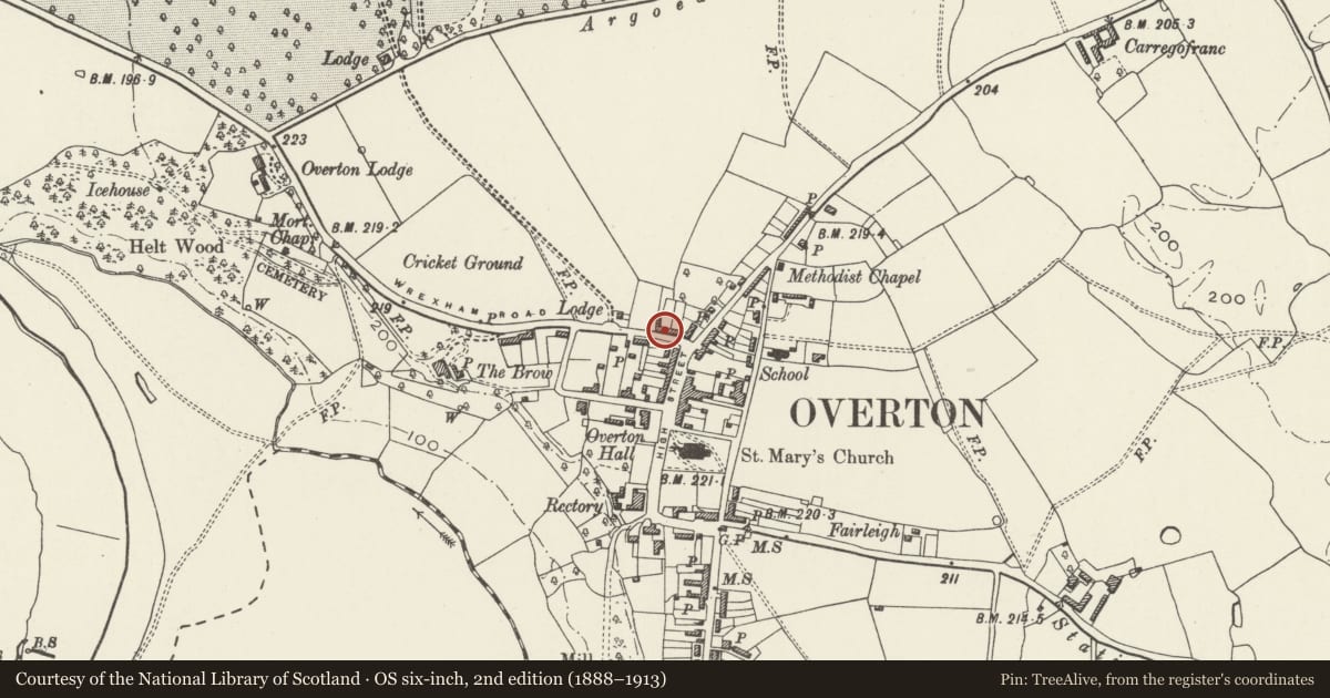 Ordnance Survey six-inch map, 2nd edition (1888–1913) covering the location of Dispensary Row, Overton, Wrexham, with a pin at the register's coordinates