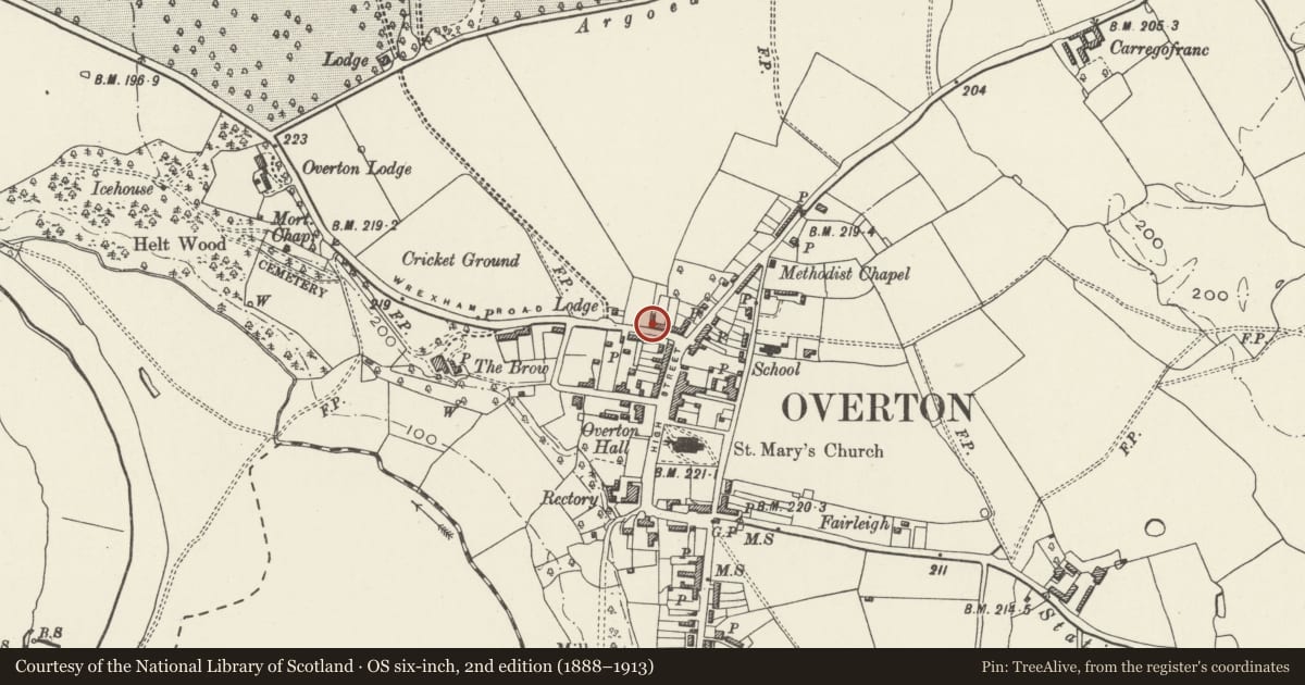 Ordnance Survey six-inch map, 2nd edition (1888–1913) covering the location of Dispensary Row, Overton, Wrexham, with a pin at the register's coordinates