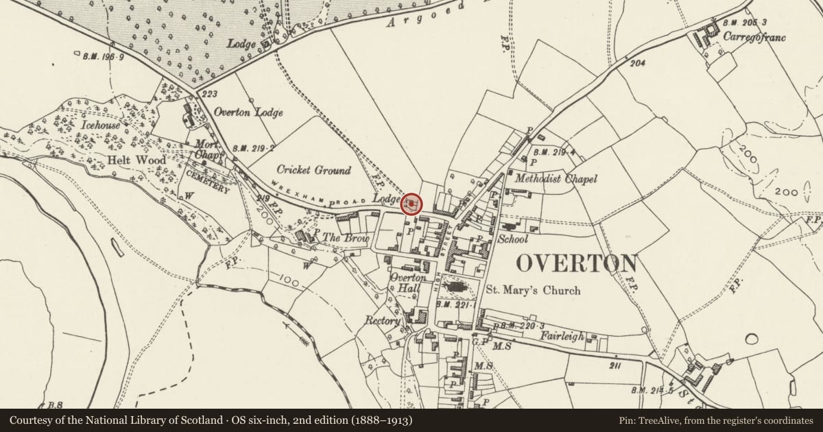Ordnance Survey six-inch map, 2nd edition (1888–1913) covering the location of Bryn-y-Pys Lodge, Overton, Wrexham, with a pin at the register's coordinates
