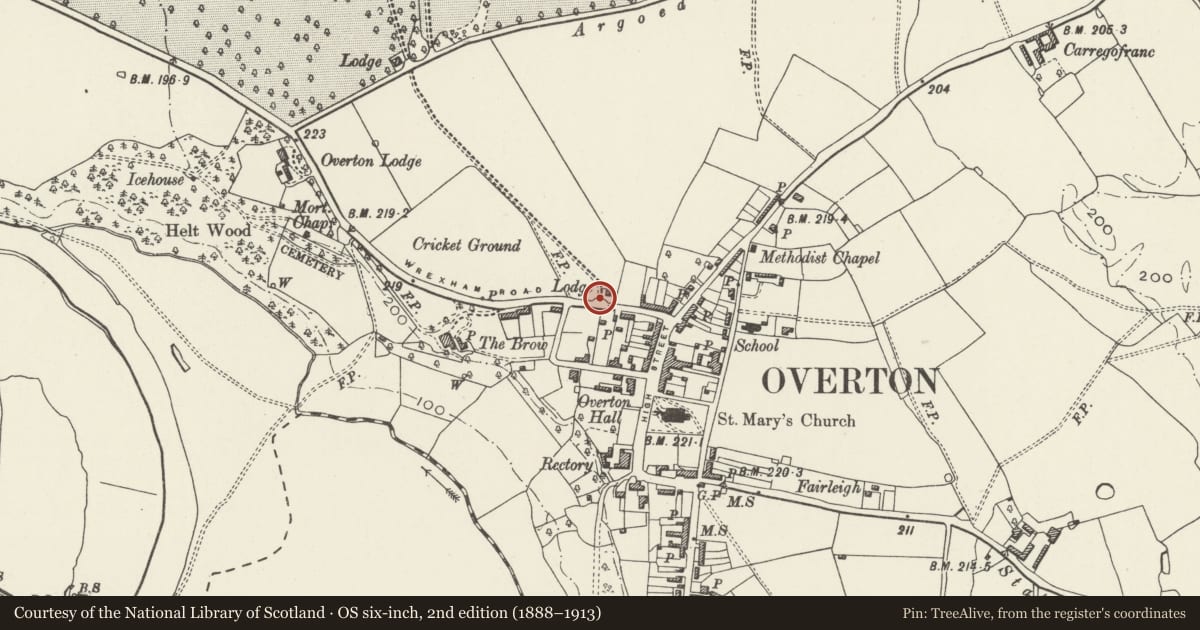 Ordnance Survey six-inch map, 2nd edition (1888–1913) covering the location of Gate Piers and Gates to former Bryn-y-Pys Hall, Overton, Wrexham, with a pin at the register's coordinates