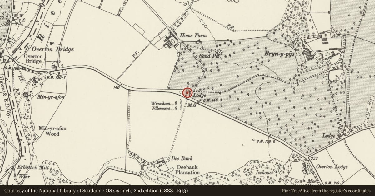 Ordnance Survey six-inch map, 2nd edition (1888–1913) covering the location of West Lodge to Bryn-y-Pys, Overton, Wrexham, with a pin at the register's coordinates