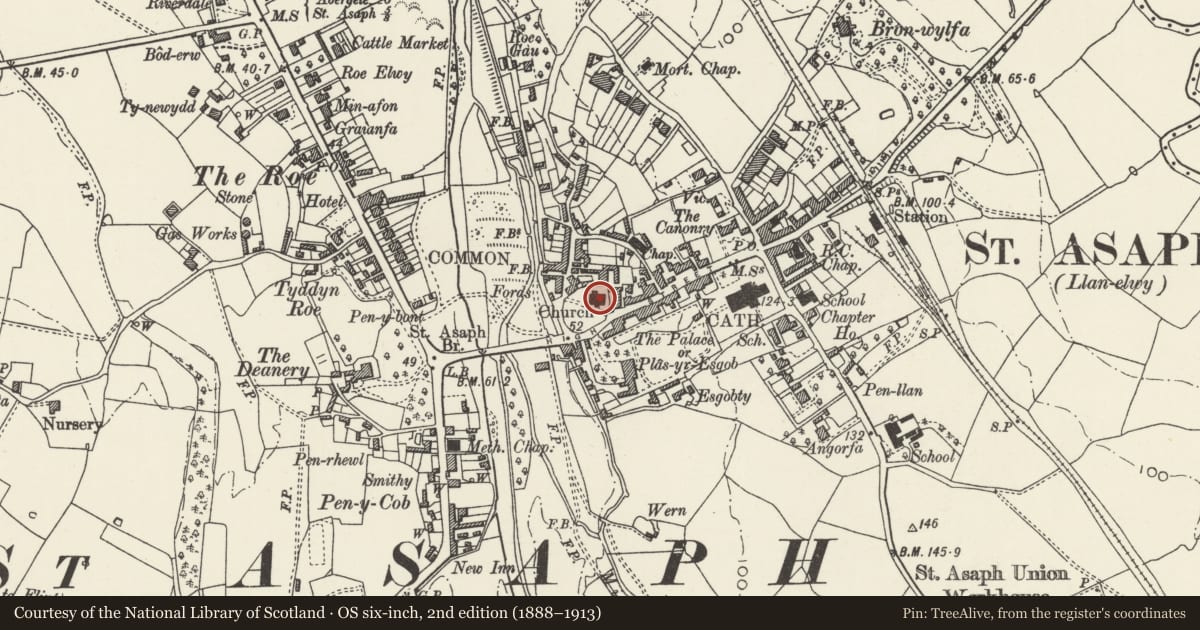 Ordnance Survey six-inch map, 2nd edition (1888–1913) covering the location of St. Kentigern & St. Asaph Parish Church, Denbighshire, with a pin at the register's coordinates