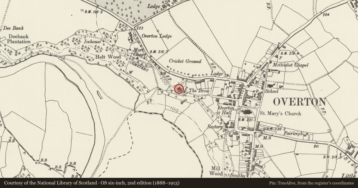 Ordnance Survey six-inch map, 2nd edition (1888–1913) covering the location of The Brow, Overton, Wrexham, with a pin at the register's coordinates